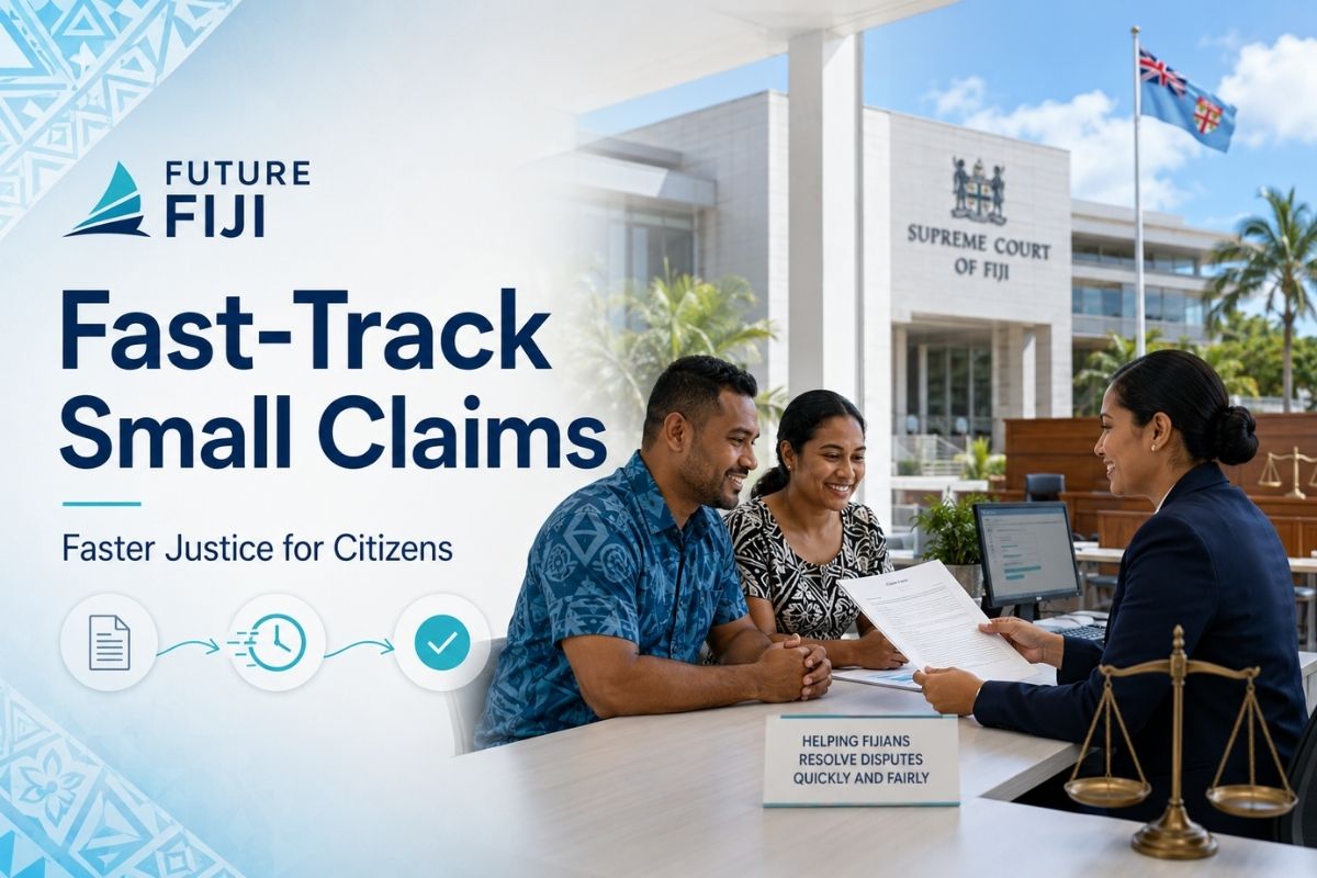 Fijian courtroom scene with judge resolving a small claims case quickly